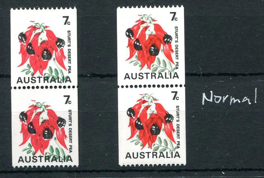 1971 7¢ Desert Pea coil pair with "buff omitted" & ... Image 1++
