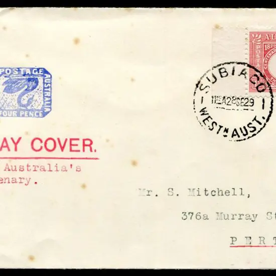 1929 (28th Sept) 1½d WA Cent Mitchell FDC with red ...