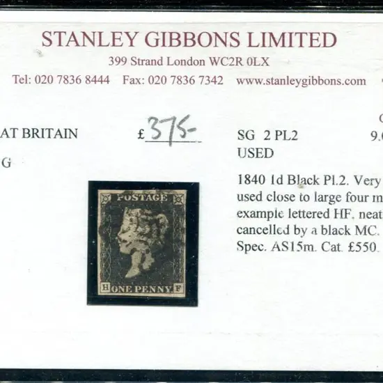 1840 1d black, plate 2 fine used by clear black ...