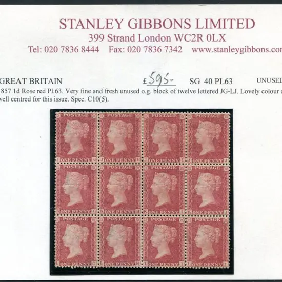 1857 1d rose-red plate 63 block of 12 lettered ...