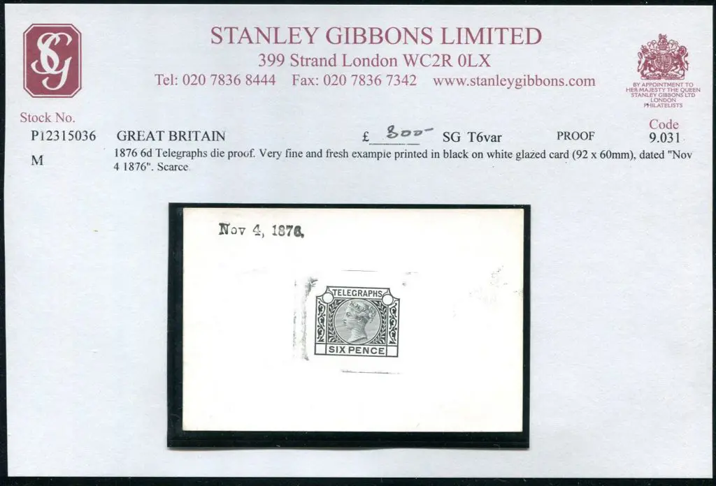 1876 6d QV "TELEGRAPHS" Die proof. Fine & fresh in ... Image 1++