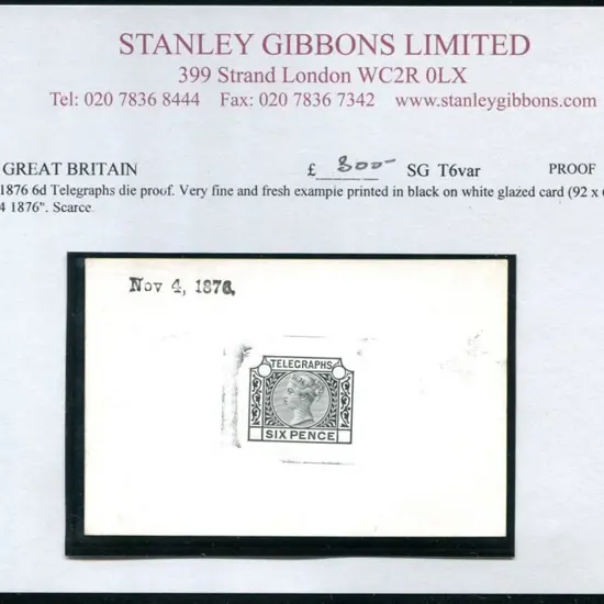1876 6d QV "TELEGRAPHS" Die proof. Fine & fresh in ...
