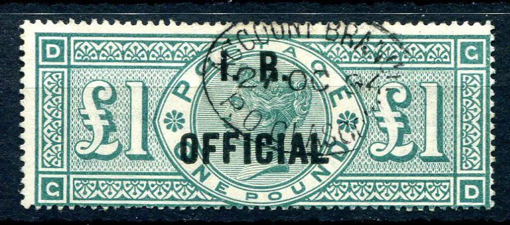 1892 £1 green ovptd "I.R. OFFICIAL". Fine used ... Image 1++
