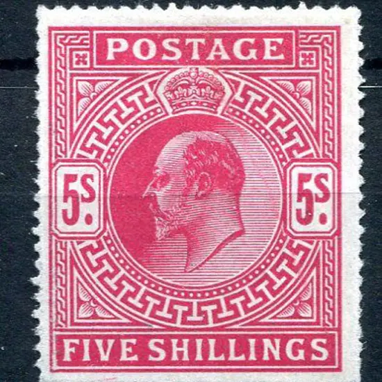 1902/10 5/- bright carmine KEVII, DLR printing. ...