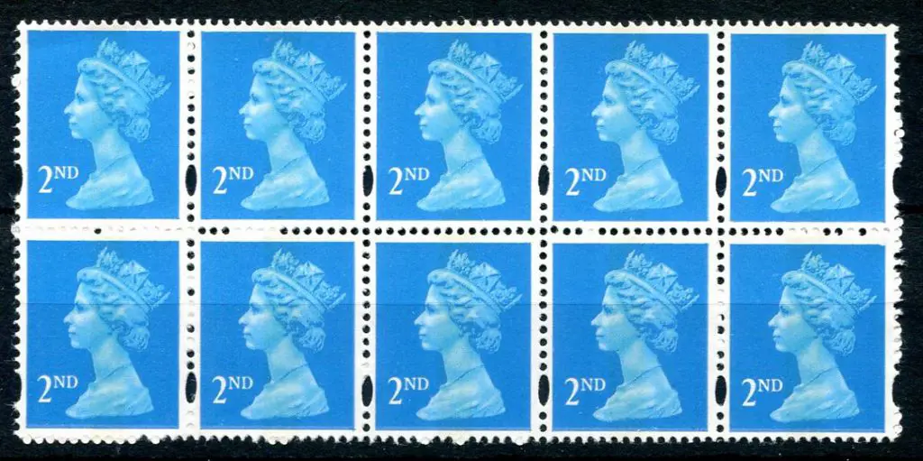 1998 2nd class bright blue Machin block of 10 ... Image 1++