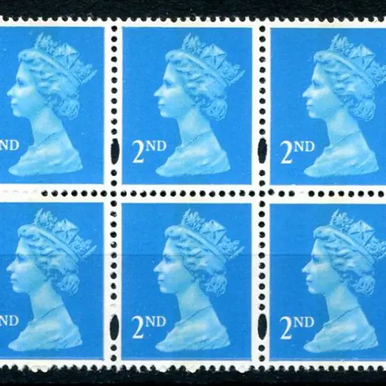 1998 2nd class bright blue Machin block of 10 ...