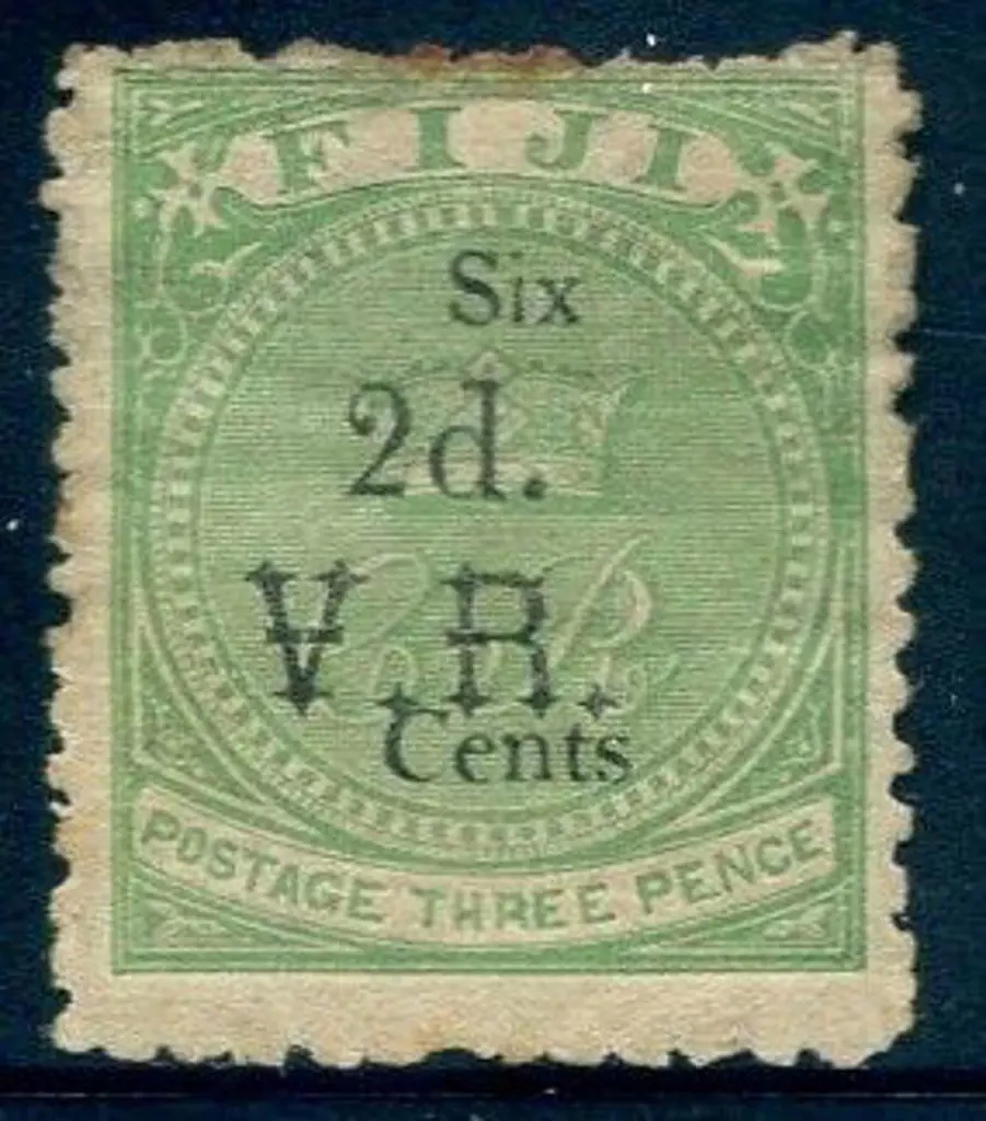 Fiji 1875 "2d." in black on "Six Cents" on 3d ... Image 1++