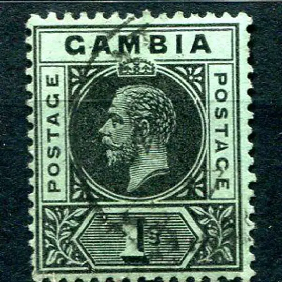 Gambia 1912 1/- black on green KGV with "split at ...