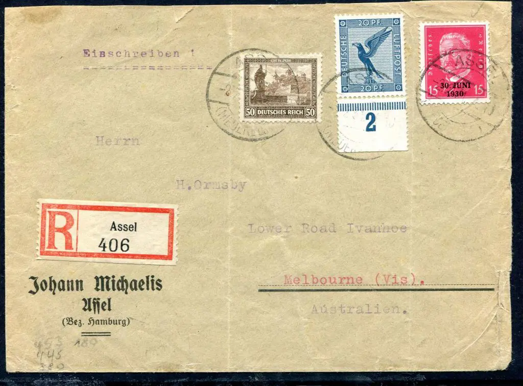 Germany 1930 Assel registered cover to Melbourne ... Image 1++