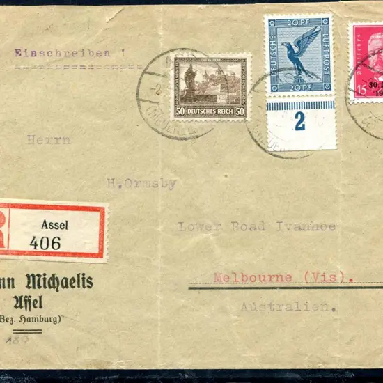 Germany 1930 Assel registered cover to Melbourne ...