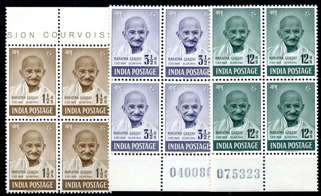 India 1948 1½a, 3½a & 12a Gandhi in MUH marginal ... Image 1++
