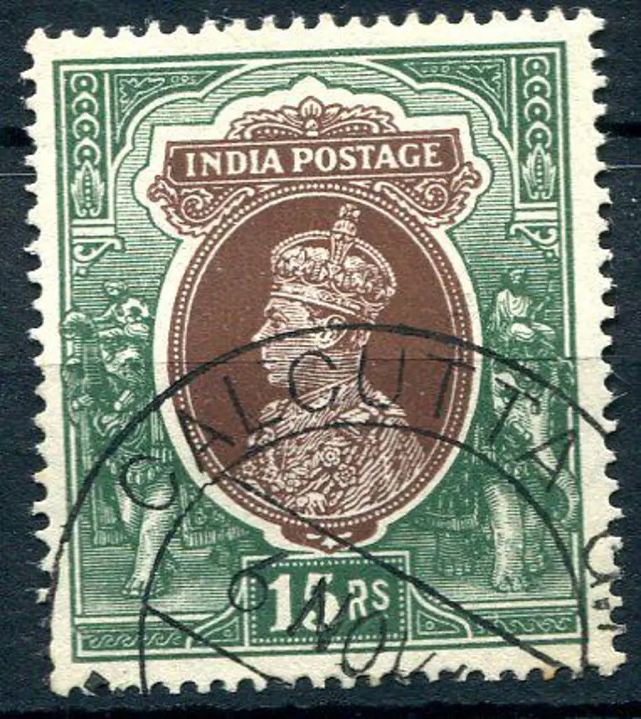 India 1937/40 15r brown & green KGVI. Fine used. ... Image 1++