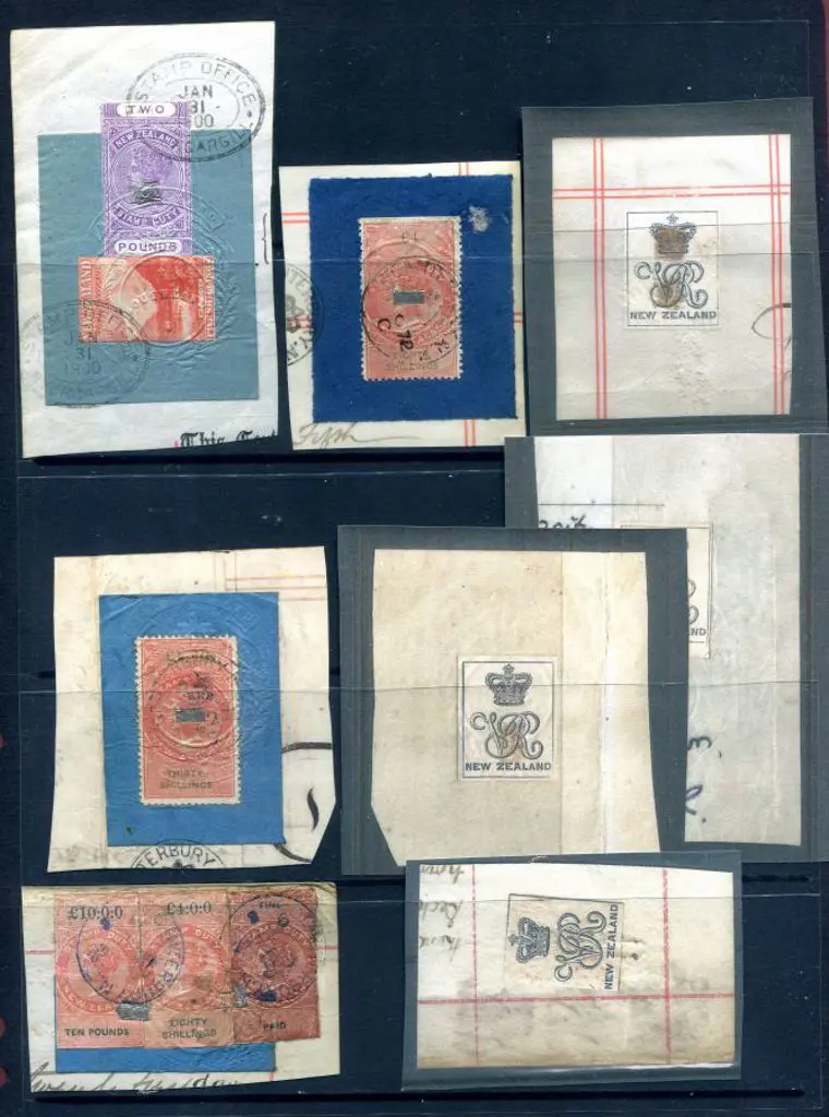 New Zealand 1900 Stamp Duty pieces x 4 with "V.R." ... Image 1++
