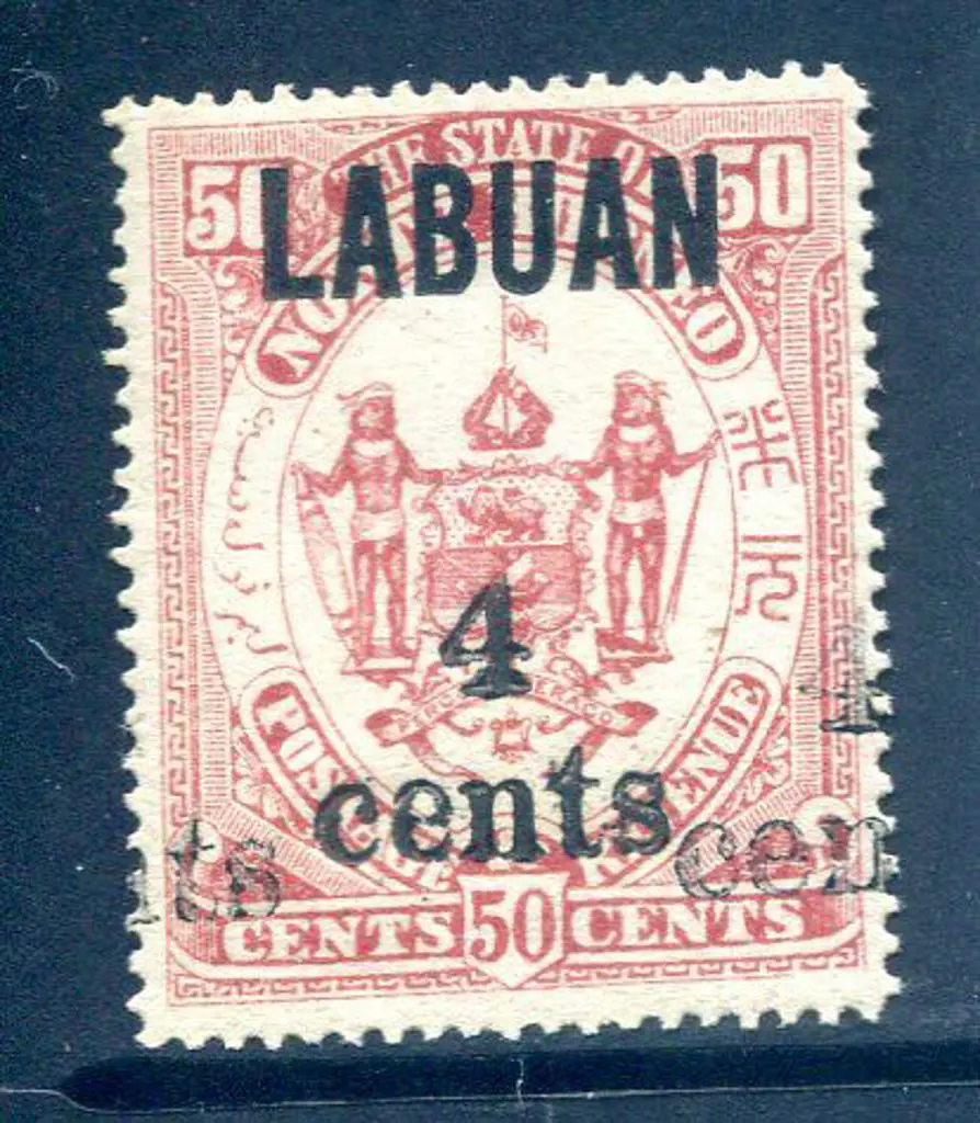 North Borneo - Labuan 1904 "4 cents" on 50¢ Arms ... Image 1++
