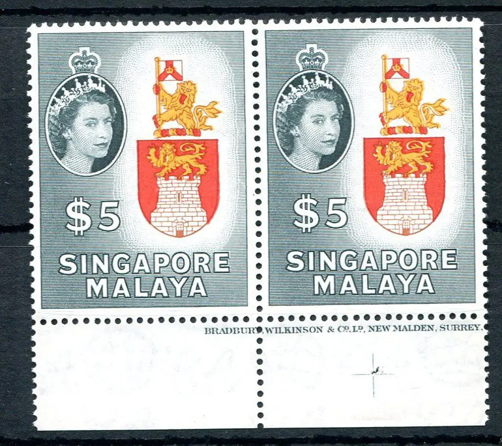 Singapore 1955 $5 Arms in part horiz imprint pair. ... Image 1++