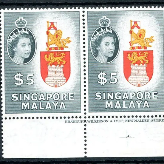 Singapore 1955 $5 Arms in part horiz imprint pair. ...