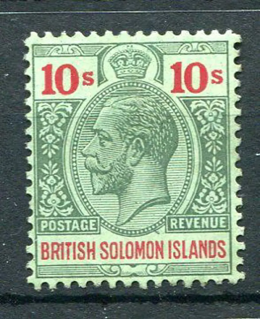 Solomon Islands 1914/23 10/- green & red on green ... Image 1++