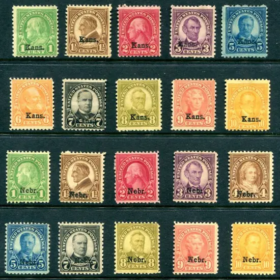 USA 1929 1¢ to 10 "Kans." & "Nebr." ovptd sets (no ...