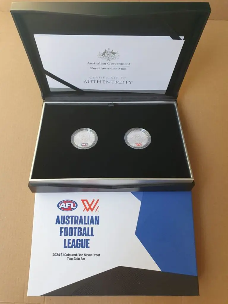 2024 $1 AFL Coloured Fine Silver Proof two-coin ... Image 1++
