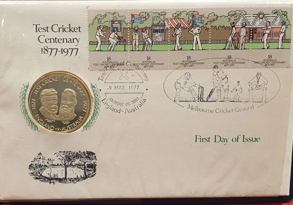 1977 (9th Mar) Test Cricket with strip of 5 commem ... Image 1++