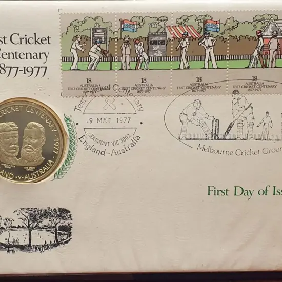 1977 (9th Mar) Test Cricket with strip of 5 commem ...