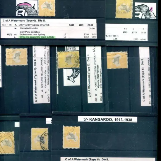 Kangaroos 5/- grey & yellow-orange, CofA wmk group ...