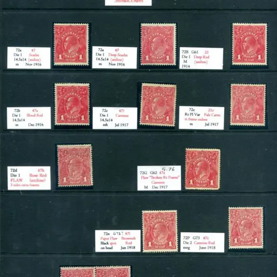 KGV 1d reds x 12 rough paper shades incl 1d ...