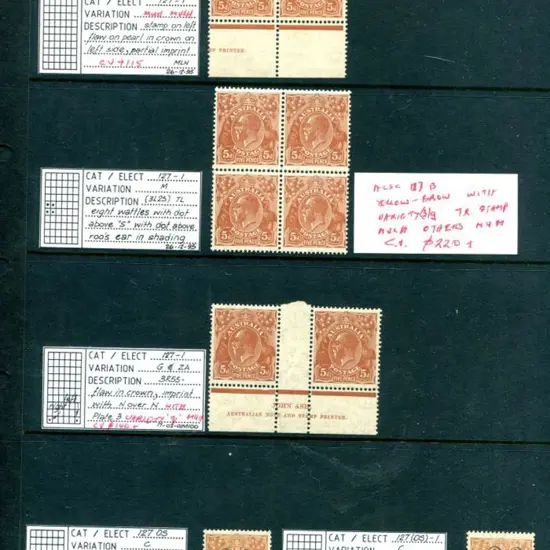 KGV 5d brown, single wmk x 4 good to F/U examples, ...