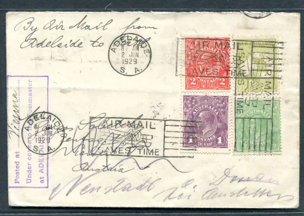 1929 (2nd June) Adelaide to Perth with ½d, 1d ... Image 1++