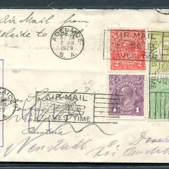1929 (2nd June) Adelaide to Perth with ½d, 1d ...