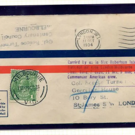 1934 (20th Oct) England to Australia MacRobertson ...