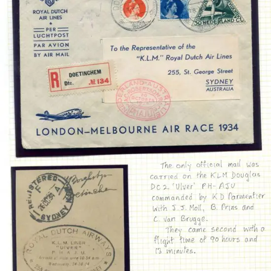 1934 (20th Oct) MacRobertson Air Race - KD ...
