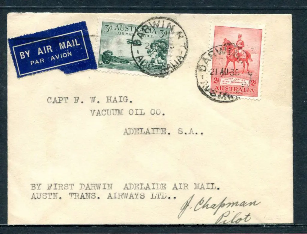 1935 (21st Aug) Darwin to Adelaide cover with 2d ... Image 1++