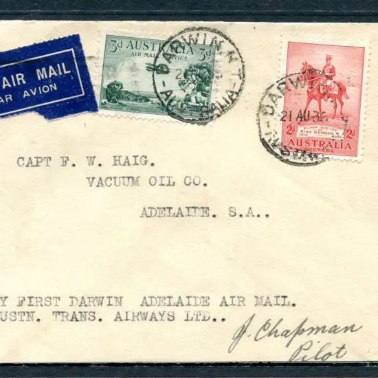 1935 (21st Aug) Darwin to Adelaide cover with 2d ...