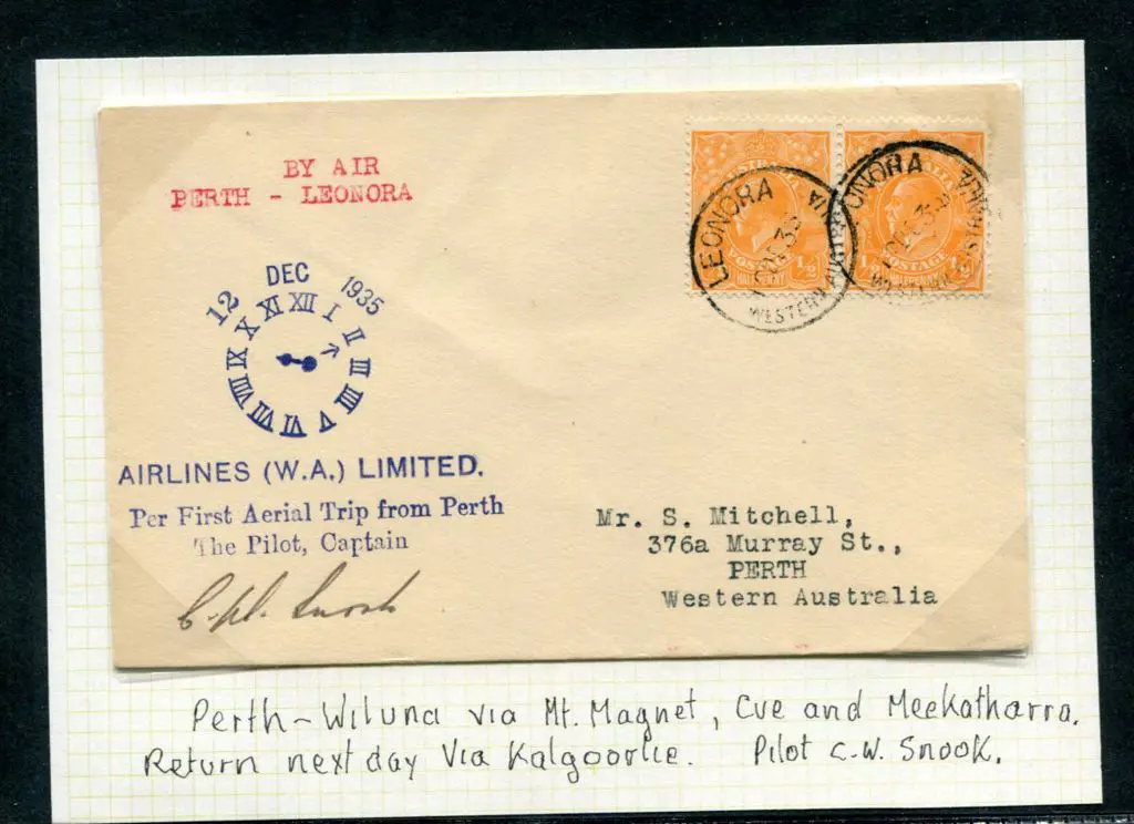 1935 (9th Dec) Leonora to Perth by Airlines (WA) ... Image 1++