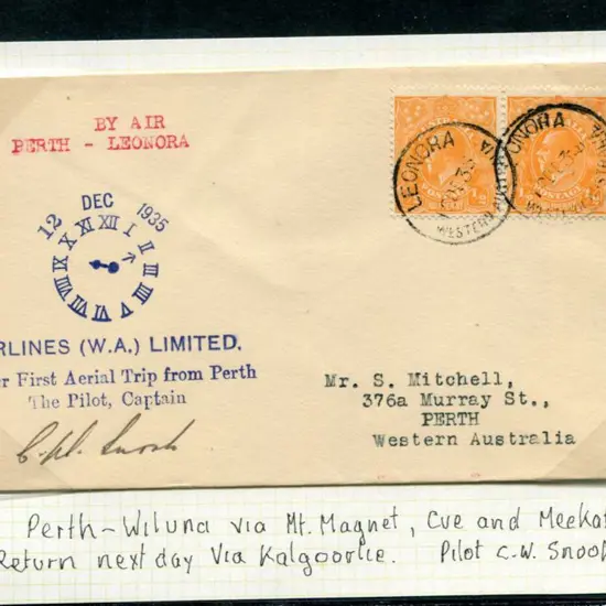 1935 (9th Dec) Leonora to Perth by Airlines (WA) ...