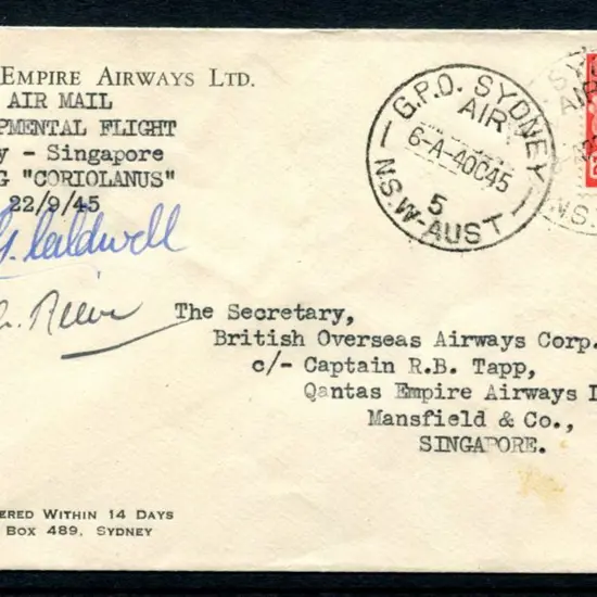 1945 (4th Oct) Australia to Singapore Qantas ...