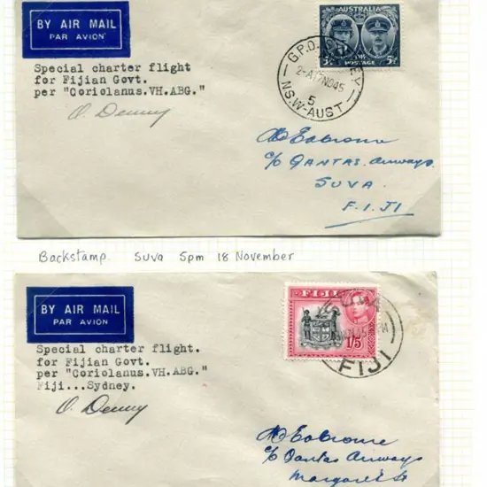 1945 (17th Nov) Australia to Fiji & return Qantas ...