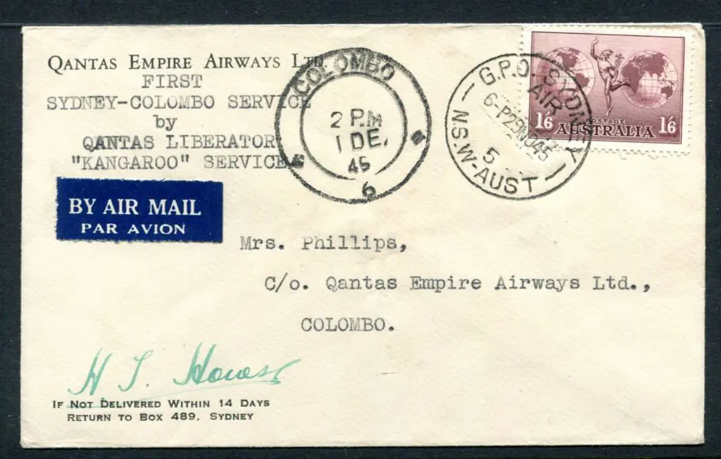 1945 (30th Nov) Australia to Ceylon Qantas env ... Image 1++