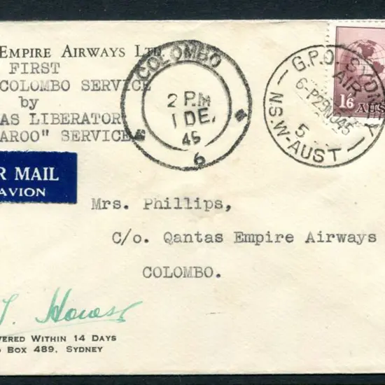 1945 (30th Nov) Australia to Ceylon Qantas env ...