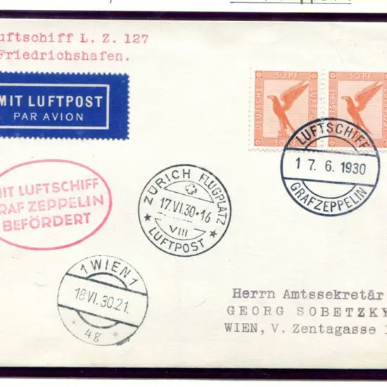 LZ127 Switzerland Flight mail drop 17.VI.30 at ...