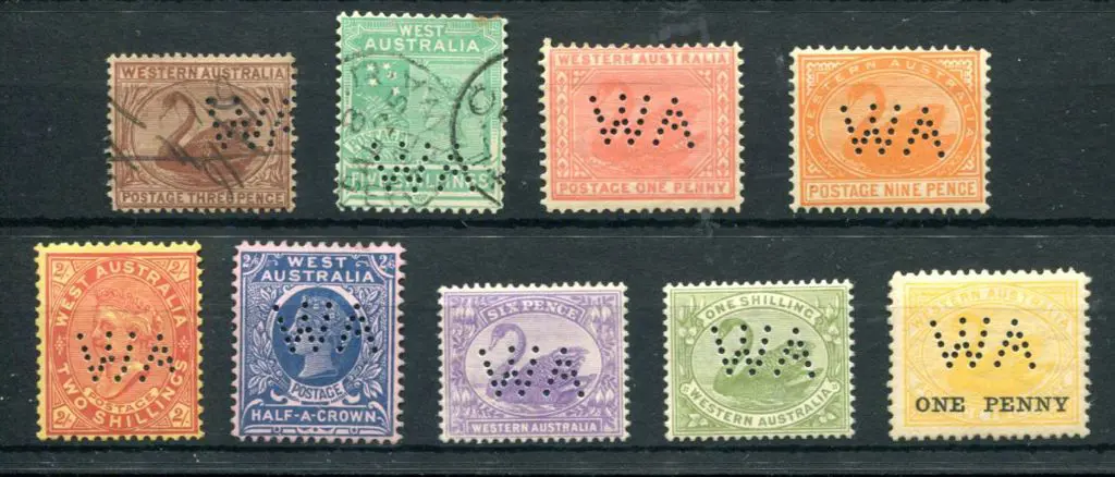 Perfins "WA" 1882-1913 group of 9 consisting of SG ... Image 1++