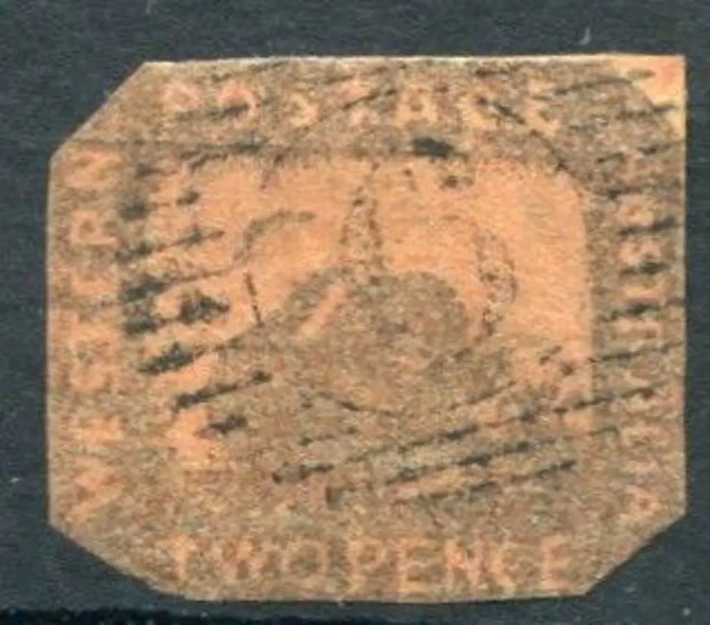 1857 2d brown-black on red cut to shape at left & ... Image 1++