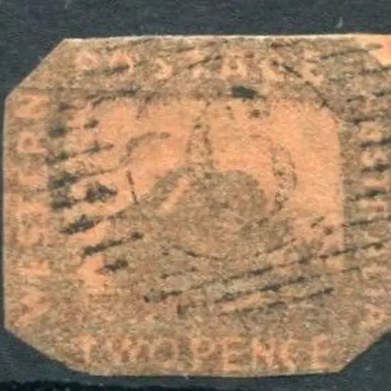 1857 2d brown-black on red cut to shape at left & ...