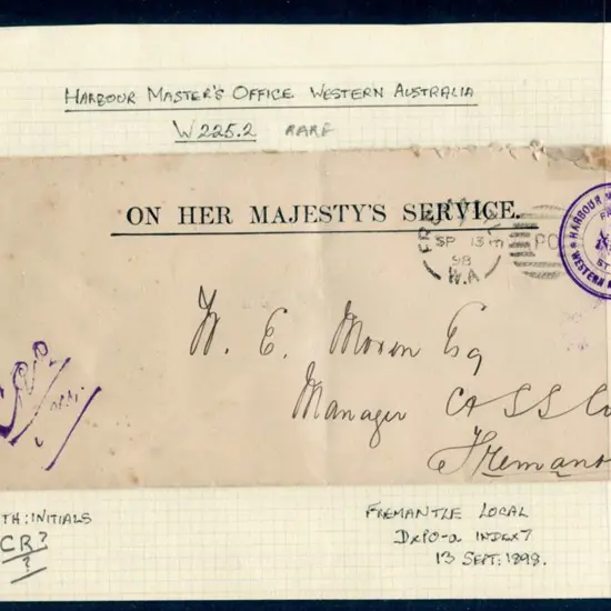 Harbour Master's Office in violet ink on OHMS long ...
