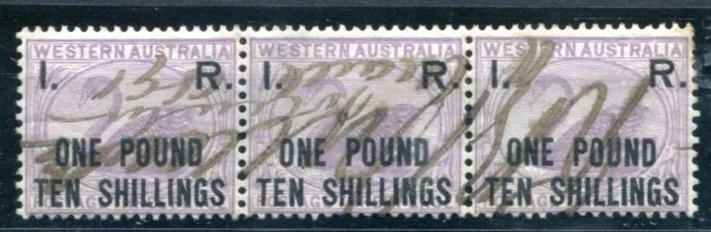1881 "I.R. One Pound Ten Shillings" horiz strip of ... Image 1++