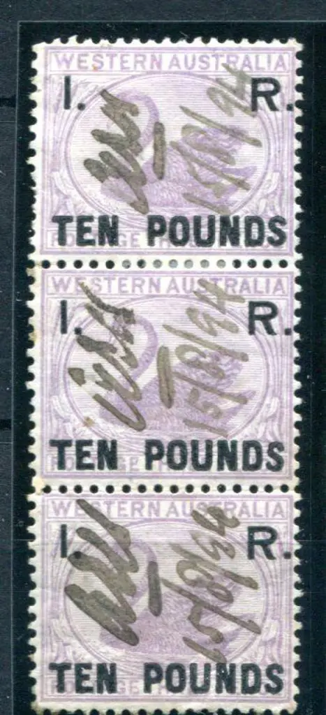 1881 "I.R. Ten Pounds" F/U vertical strip of 3, ... Image 1++