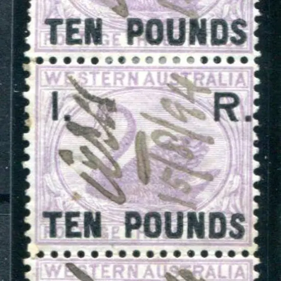 1881 "I.R. Ten Pounds" F/U vertical strip of 3, ...