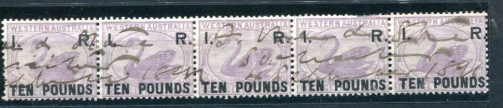 1881 "I.R. Ten Pounds" F/U strip of 5 with "narrow ... Image 1++