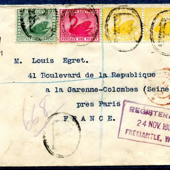 1902 (24th Nov) Registered Fremantle to France ...